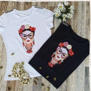 FRIDA Sublimated w/Rhinestone L, Bling Tee, Exclusive. Handmade. WHITE